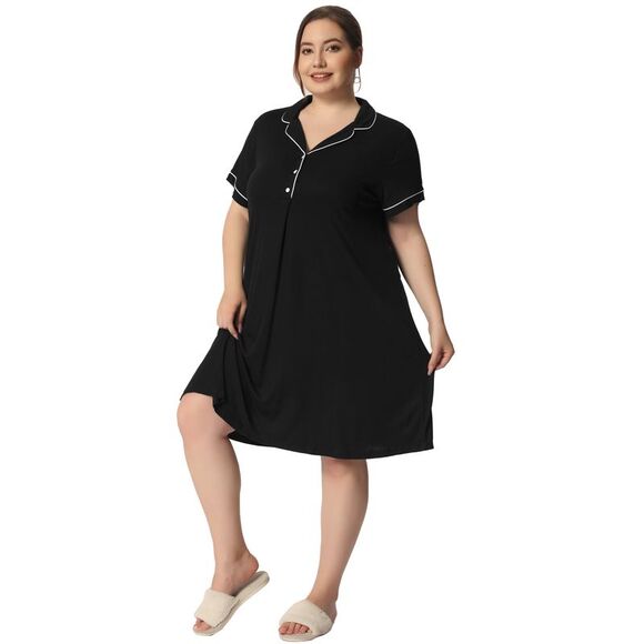 Plus Size Women Button Down Pajamas Dress Short Sleeve Sleepwear Black - Picture 3 of 6